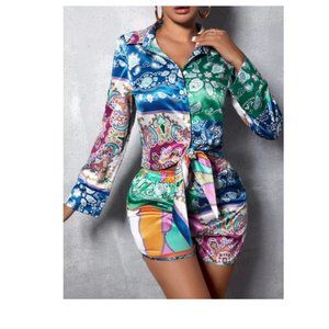 X-Large (sz12)  Paisley Print Two Piece Set Satin Blouse and Shorts